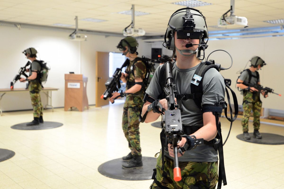 Soldiers with the Royal Netherlands Army conduct training in Dismounted Soldier Training Systems at the 7th Army Joint Multinational Training Command, Grafenwoehr, Germany, June 5, 2013. The DSTS is the first fully-immersive virtual simulation for infantry. (U.S. Army photo by Gertrud Zach/released)