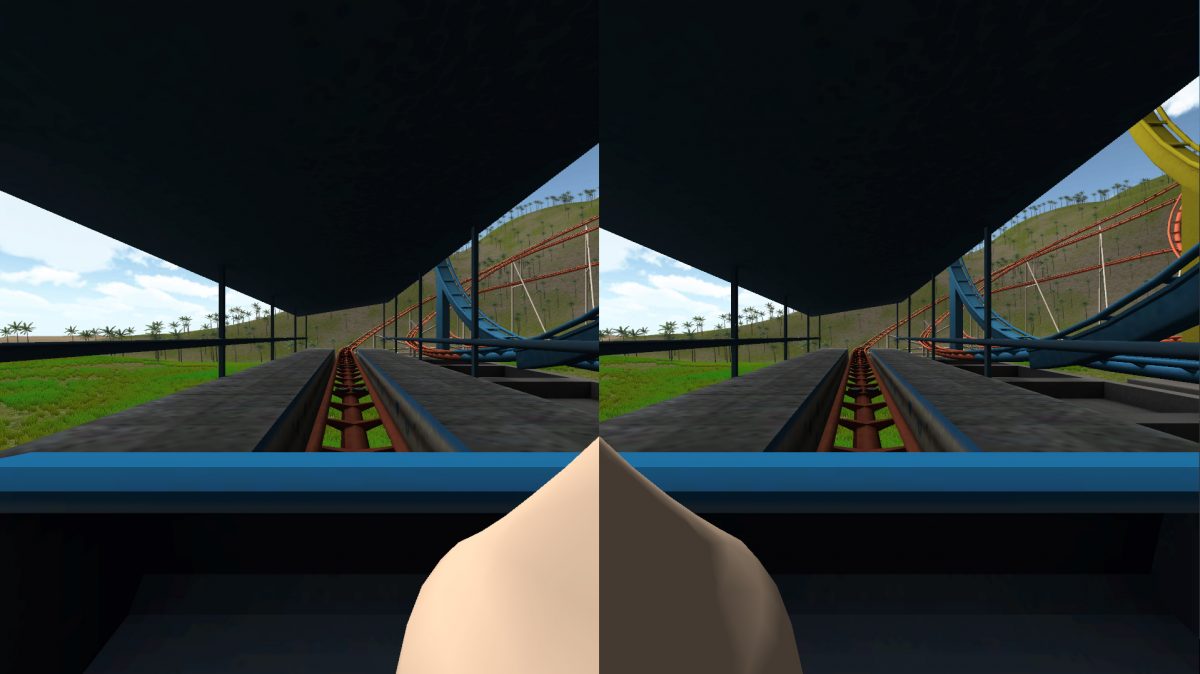 Virtual reality games often cause simulator sickness – inducing vertigo and sometimes nausea - but new research findings point to a potential strategy to ease the affliction: insert an image of a virtual human nose, or "nasum virtualis," into the center of the video display. This screenshot is from one application where the user rides a roller coaster. Findings suggest the virtual nose reduces simulator sickness. (Purdue University image)